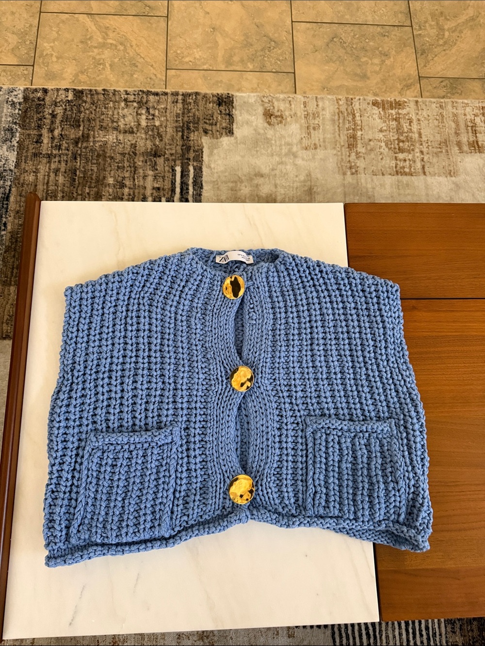 Zara Light Blue Chunky Knit Cropped Cardigan with Tortoise Buttons